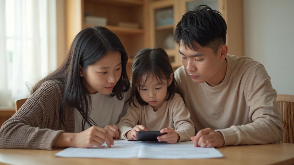 Семья планирует бюджет дома, сидя за столом с документами и калькулятором