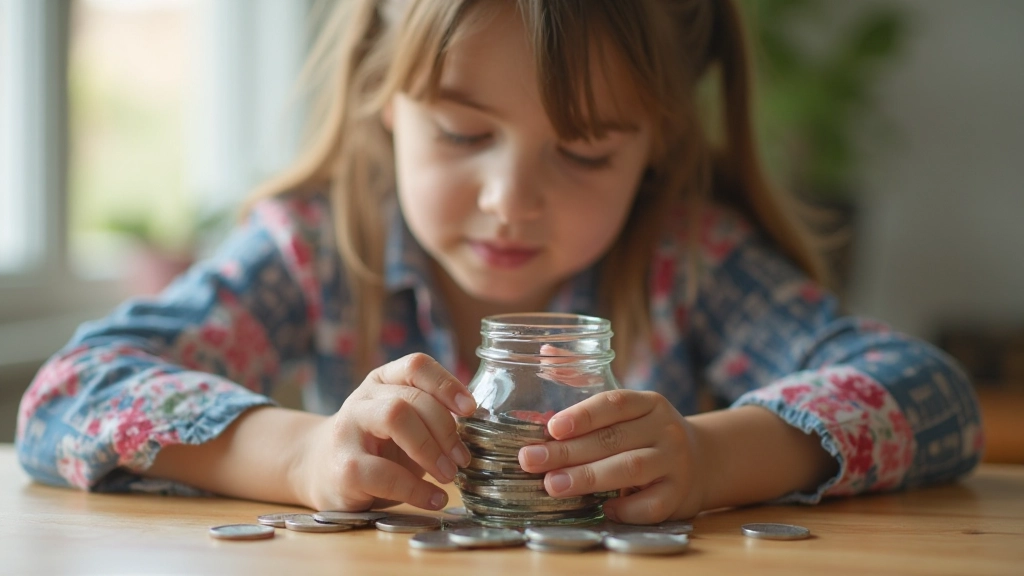 Ребёнок откладывает монеты в копилку, финансовое образование