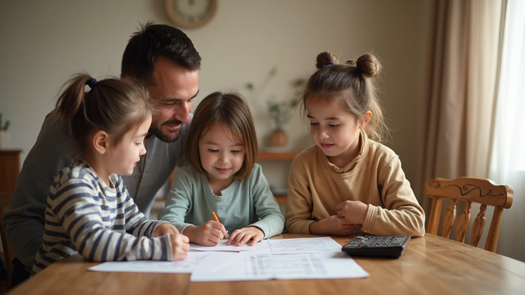Семья обсуждает финансовое планирование за столом, родители и дети