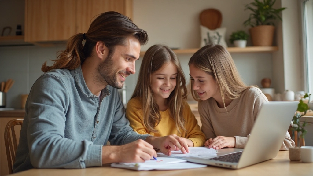 Семья планирует семейный бюджет вместе за кухонным столом с ноутбуком