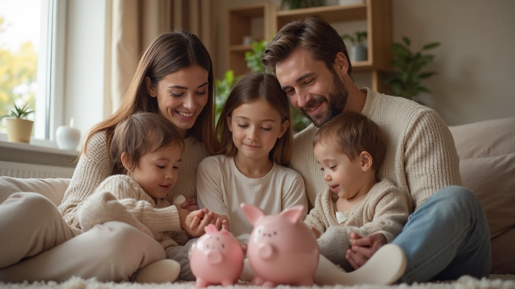 Родители и дети смотрят копилку с монетами и обсуждают накопления