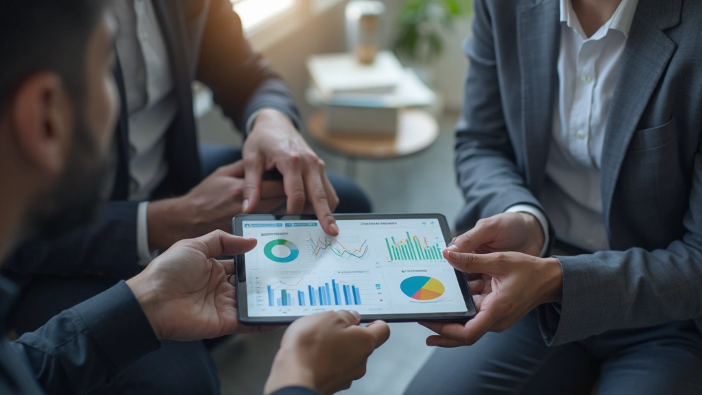 Финансовый консультант, показывающий графики инвестиционного портфеля молодой семье