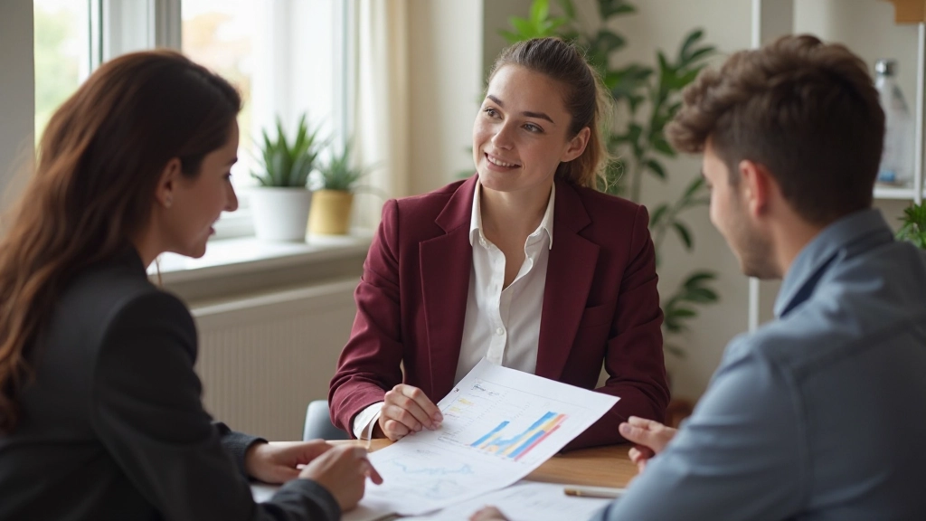 Профессиональный консультант объясняет финансовый план молодой паре в офисе