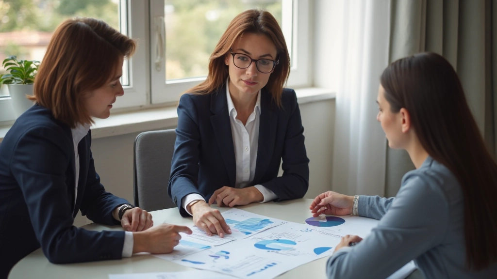 Финансовый консультант показывает графики и диаграммы молодой паре в офисе