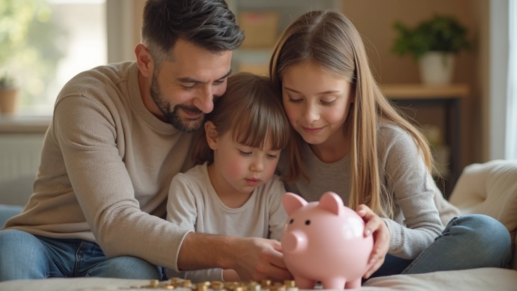 Родители и дети смотрят копилку с монетами и обсуждают накопления