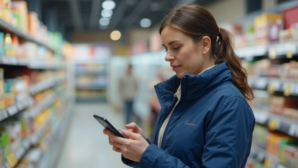 Человек проверяет расходы на смартфоне в супермаркете перед покупкой