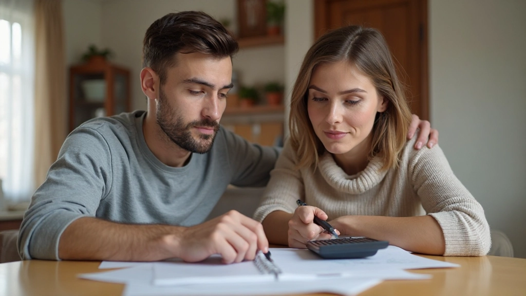 Молодая семья составляет семейный бюджет за столом с калькулятором