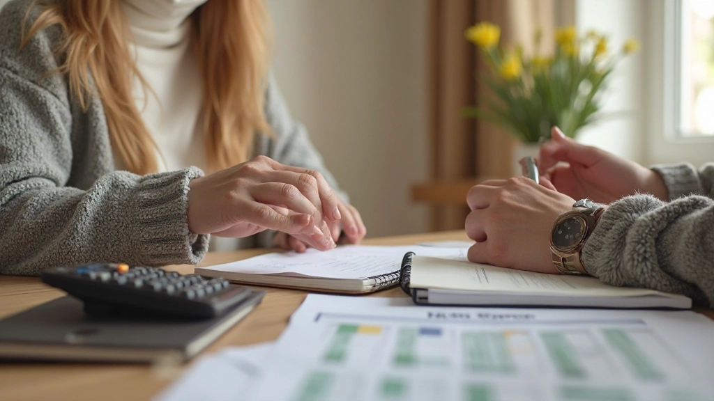 Молодая семья планирует бюджет с документами и калькулятором за столом