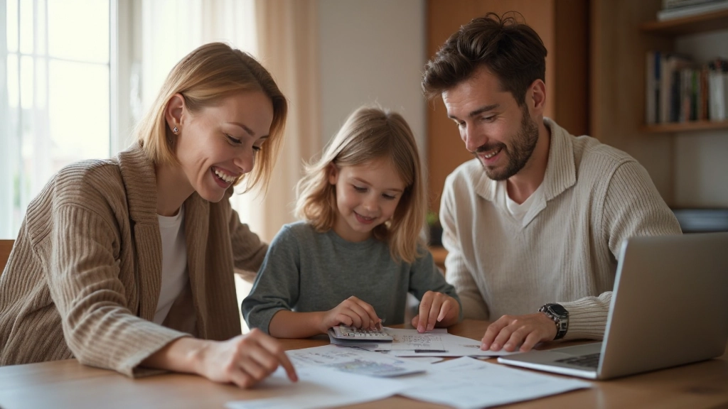 Молодая семья планирует бюджет с документами и калькулятором за столом